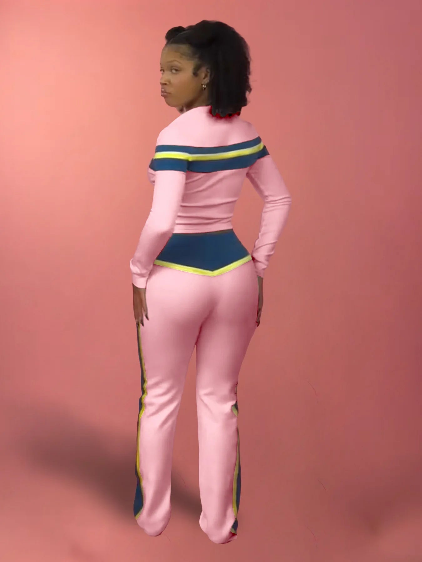 Casual 3 Piece Set Women Patchwork Print Zip Long Sleeve Crop Tops+Bra+Shirring Pants Matching Street Stretch Outfits