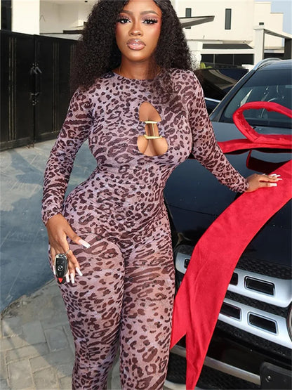 Sexy Hollow Jumpsuit Women Wild Leopard Print Bandage Backless Skinny Peach Hip Midnight Trend Club Party Overalls