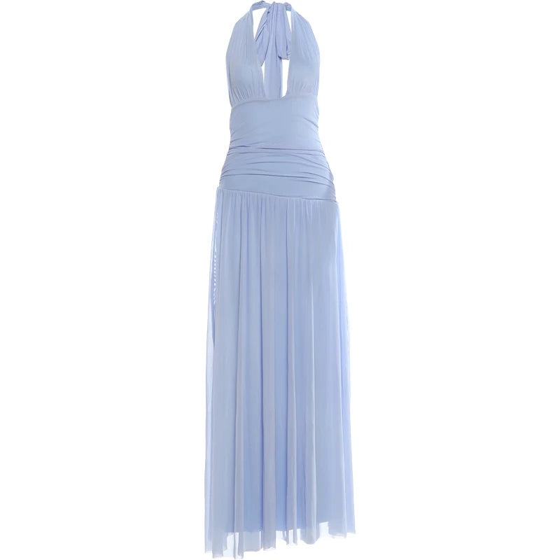 Backless Fashion Draped Maxi Dress Women Halter Bandage Tassel v-Neck Sleeveless Birthday Party Elegant Chic Vestidos
