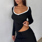 Women Long Sleeve Slim Fit Autumn Commuting Y2k Clothes Female Tee Top Casual V-Neck Patchwork T-shirt Pullover