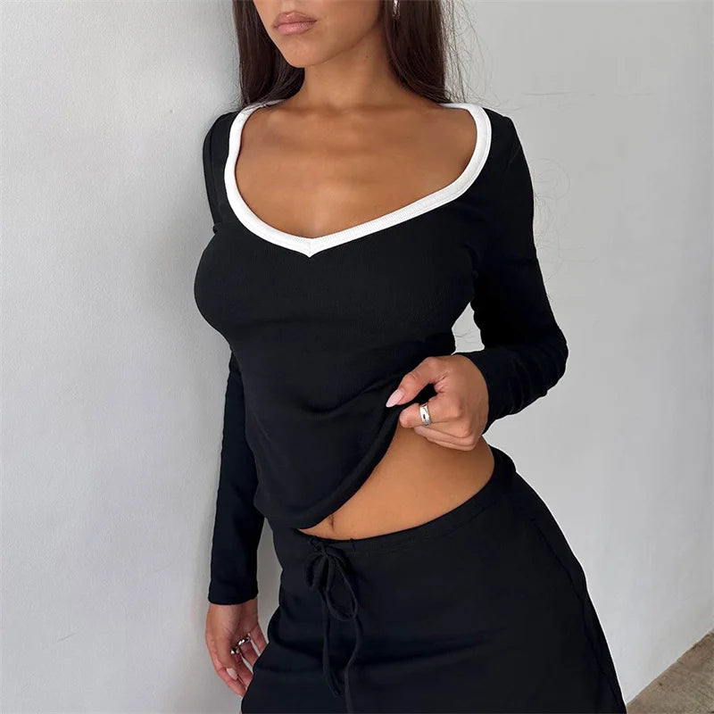 Women Long Sleeve Slim Fit Autumn Commuting Y2k Clothes Female Tee Top Casual V-Neck Patchwork T-shirt Pullover
