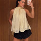 Women Elegant Halter Neck Sleeveless Top Tie Neck Pleated Chiffon Lace Splice Keyhole Front Loose Flowy Party Shirts Top