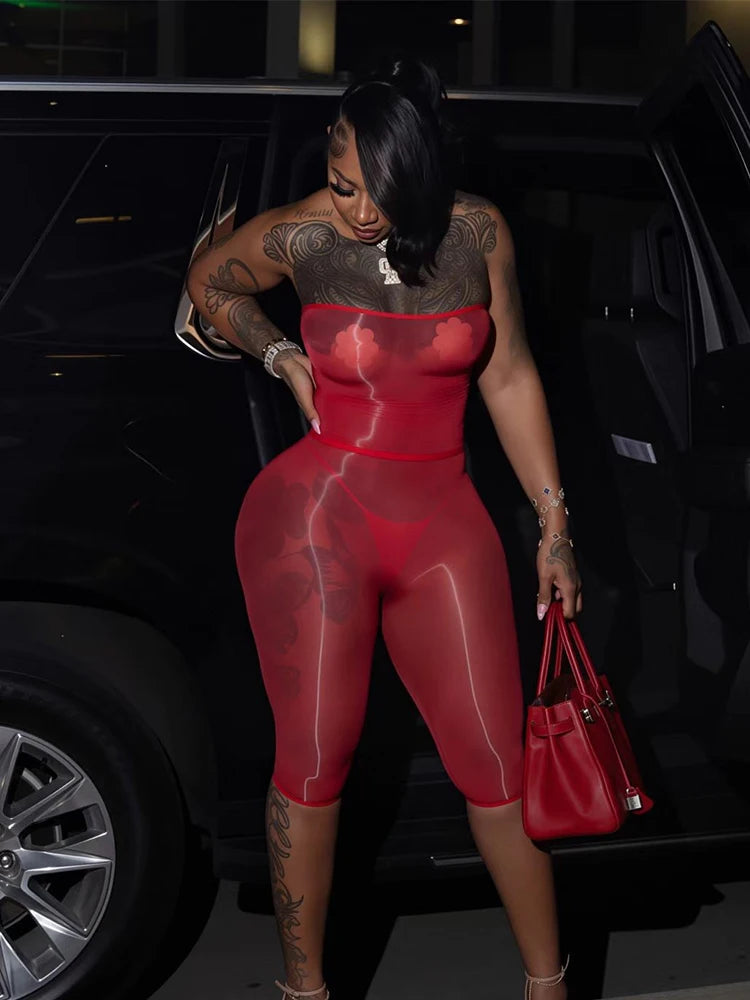 Sexy Fashion 2 Piece Set Woman Mesh See Through Wrap Chest Backless Tank Tops+Skinny Peach Hip Crop Pants Clubwear
