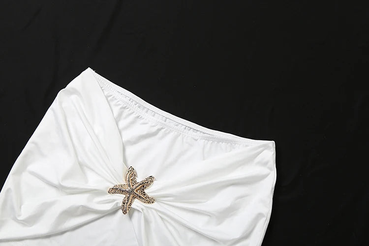 Metal Starfish Decoration 2 Piece Set Women Slash Neck Backless Crop Tops+Ruched Mini Skirt Street Elegant Style Suit