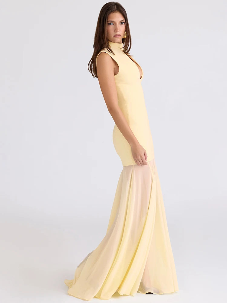 Hollow Out Sleeveless Sexy Maxi Dress Women Gown Elegant Half High Collar High Waist Bodycon Club Party Long Dresses