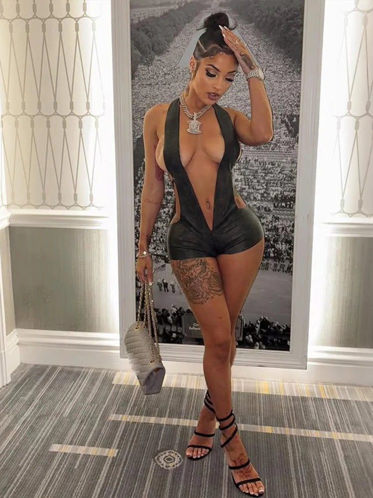 Backless Playsuit Woman Faux Leather Halter Deep V-Neck Side Hollow Design Lace-Up Hottie Wild StyleSexy Fashion  Rompers