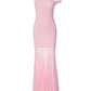 One Shoulder Fishtail Maxi Dress for Woman Elegant See Through Mesh Patchwork Pink Party Dresses