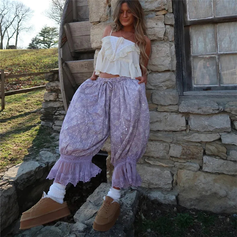 Summer Vacation Floral Baggy Capri Joggers Sheer Lace Hem Elastic Waist Loose Beach Casual Pants Two Tone Floral Print