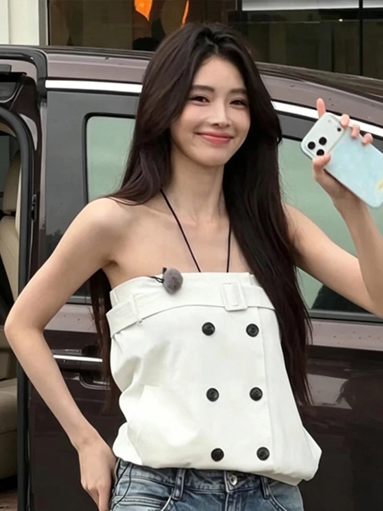 Chest Wrap Double-Breasted Tank Tops Women Square Decoration Classic Music Festival High Street Summer New Trend Outfit