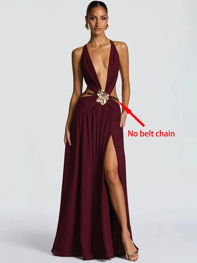 Hollow Out Deep V Neck Sexy Maxi Dress Women Gown Metal Buckle Sleeveless Backless Thigh High Split Club Party Dresses