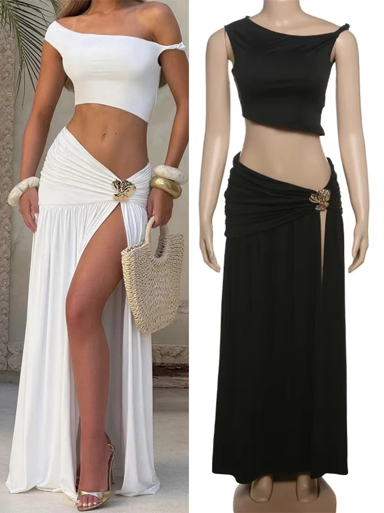 Sexy Y2K Women 2 Piece Set Elegant Skew Collar Crop Tops+Pleated Metal Buckle Maxi Skirts Party Midnight Clubwear