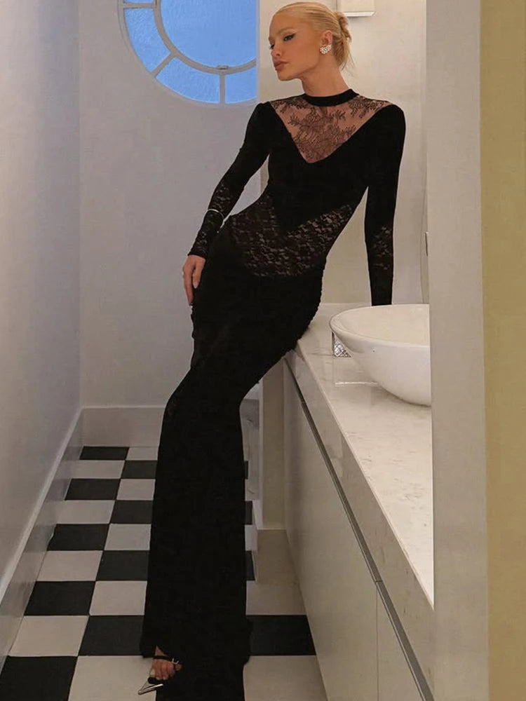 Lace Patchwork Long Dress Woman Autumn Trend o-Neck Full Sleeve High Waist Robe Midnight Prom Party Elegant Vestidos