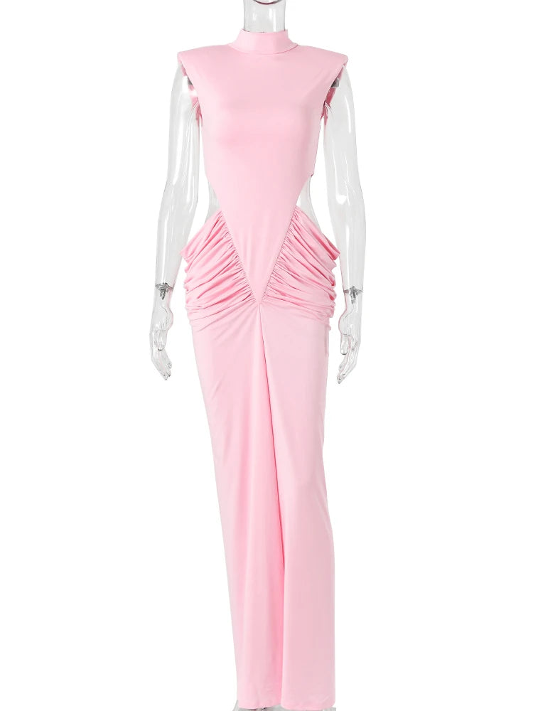 Pink Cutout Maxi Dress Women Summer Elegant High Neck Sleeveless Ruched Waist Bodycon Club Party Evening Long Dresses