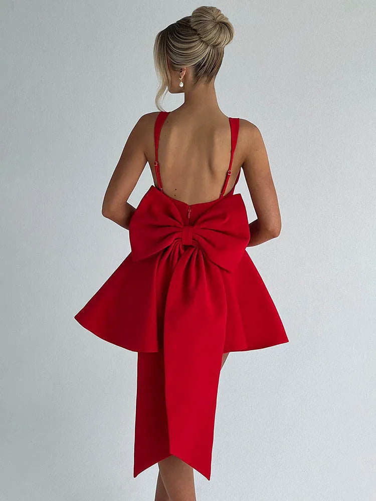 Backless Bow Sexy Mini Dress Women Fashion Elegant Spaghetti Strap Sleeveless High Waist A-line Club Party Dress New