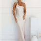 One Shoulder Backless Sexy Maxi Dress Women Gown Satin Skew Collar Sleeveless Thigh High Split Club Party Long Dresses