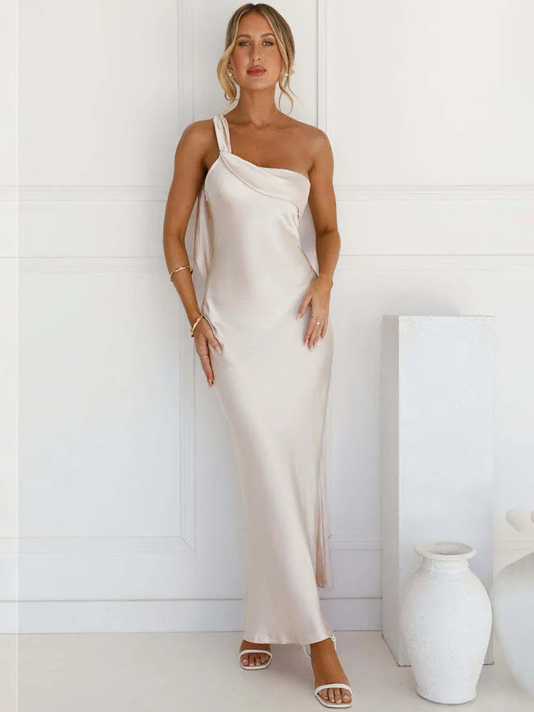 One Shoulder Backless Sexy Maxi Dress Women Gown Satin Skew Collar Sleeveless Thigh High Split Club Party Long Dresses