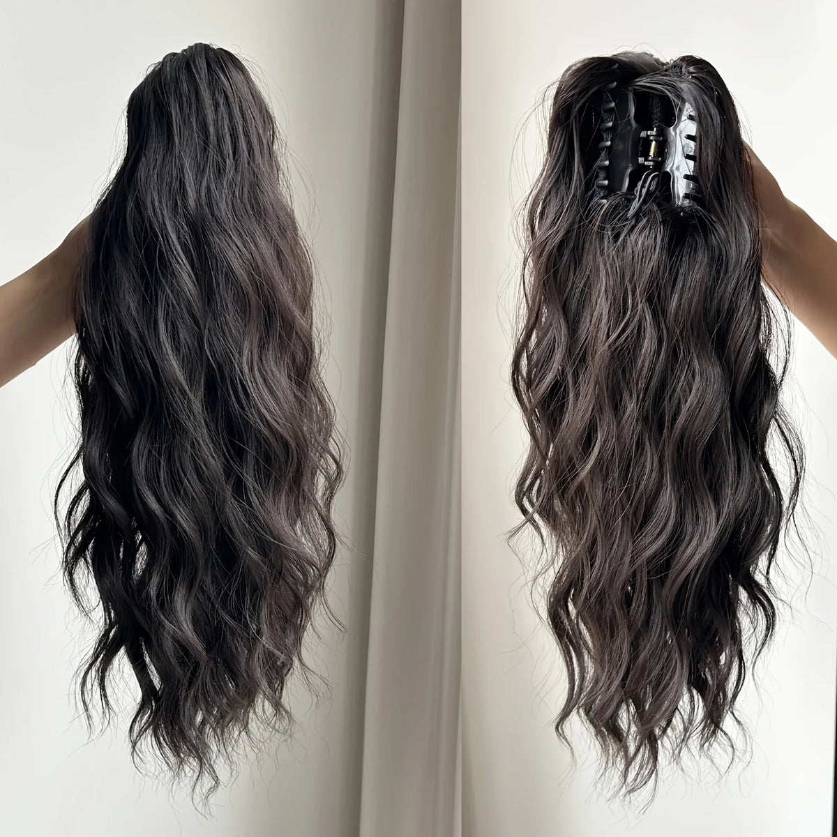 Synthetic Claw Clip Ponytail 18Inch Long Wavy Black Brown Heat Resistant Type Layered Horse Tail  Hair Extension