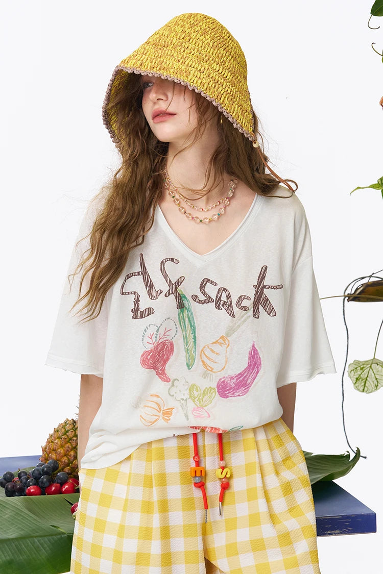 Women's V Neck Short Sleeve Tee with Hand Drawn Vegetable Print, Irregular Hem Loose T-shirt for Daily, Casual Soft Knit