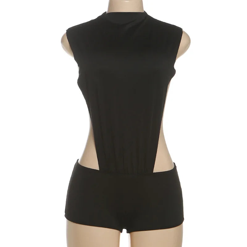Black Cutout Sleeveless Bodysuit Rompers Sexy Women's High Waist Jumpsuit With Chains Plus Size Outfit Night Club Wear