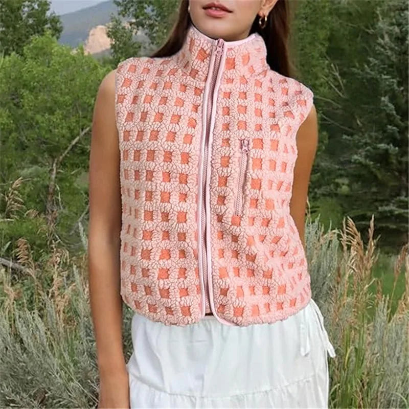 Womens Sherpa Fleece Vest Checkered Sleeveless Zip Up Warm Cardigan Polar Fleece Vest Jacket with Chest Pocket
