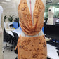 Women Two Piece Skirt Set Sequined Beaded Flower Halterneck Backless Vest with Tie-up Mini Skirt Summer Party Outfit