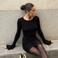 Round Neck Ruffle Long Sleeve Mini Dress Sexy Black Bodycon Dresses for Woman Clothes Fall