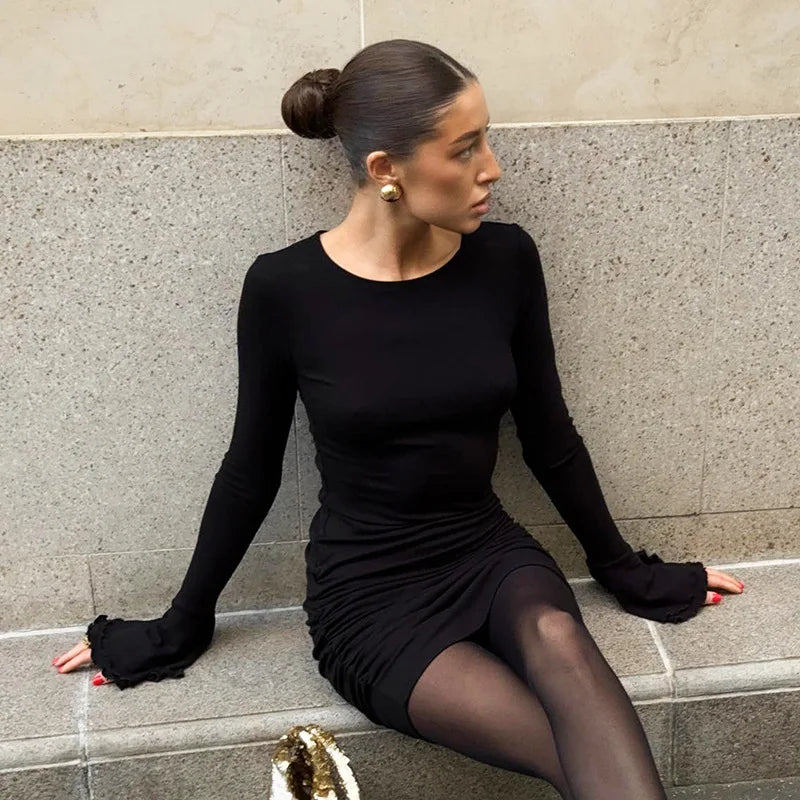 Round Neck Ruffle Long Sleeve Mini Dress Sexy Black Bodycon Dresses for Woman Clothes Fall
