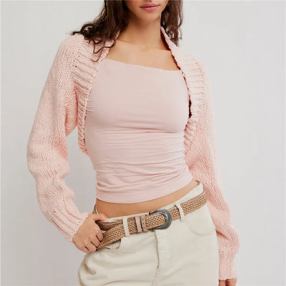 Women Knitted Cropped Bolero Shrug Open Front Long Sleeve Balloon Sleeve Ribbed Trim Short Cardigan Sweet Casual Outerwear Top