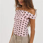 Women Pink Polka Dot Off Shoulder Top Short Sleeve Slim Fit Y2K Style T-Shirt Casual Summer Fitted Blouse Streetwear