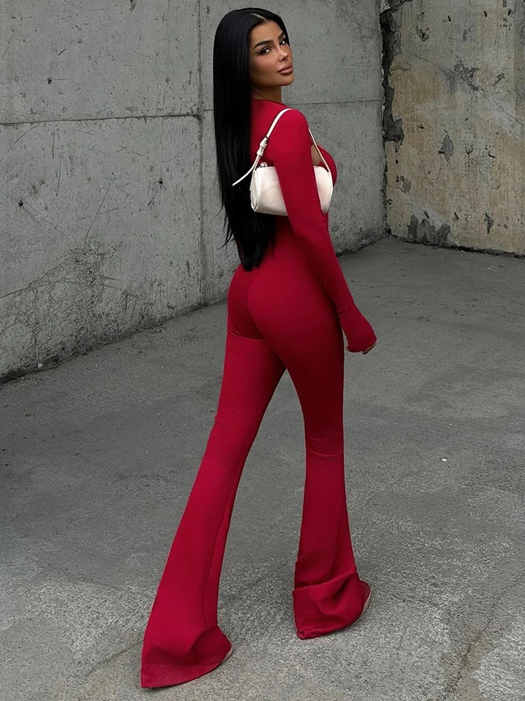 Sexy Hollow Out Jumpsuits Sets Women Fashion Solid Long Sleeve Shawl And Jumpsuits Female Elegant Two Piece Sets