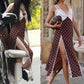 Polka Dot Print Maxi Dress Women Patchwork Lace High Slit v-Neck Sleeveless Street Fashion Party Classic Vestidos