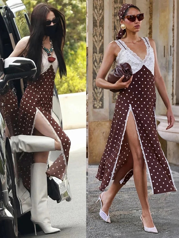 Polka Dot Print Maxi Dress Women Patchwork Lace High Slit v-Neck Sleeveless Street Fashion Party Classic Vestidos