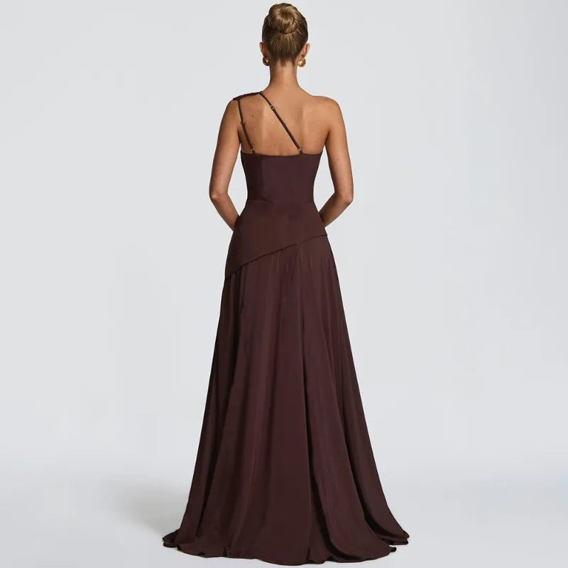 One Shoulder Backless Maxi Dress Brown Yellow Elegant Evening Gown Dresses Woman Wedding Party Attire