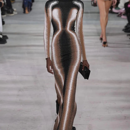 3d Printed Long Sleeve Split Maxi Dress Black High Fashion Winter Dresses for Women 2023 Elegant Sexy