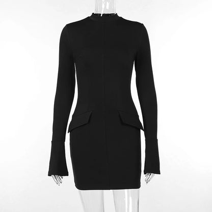 Dark Blue Two Pocket Sexy Mini Dress For Women 2023 Autumn Winter New Long Sleeve Bodycon Club Party Dress Elegant