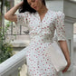 French Style Retro Floral Dress Button V Neck Short Sleeve Long Dresses for Woman Elegant