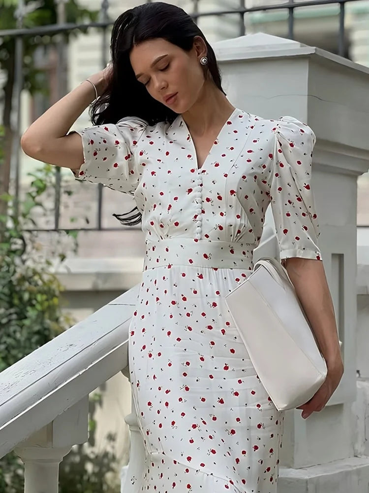 French Style Retro Floral Dress Button V Neck Short Sleeve Long Dresses for Woman Elegant