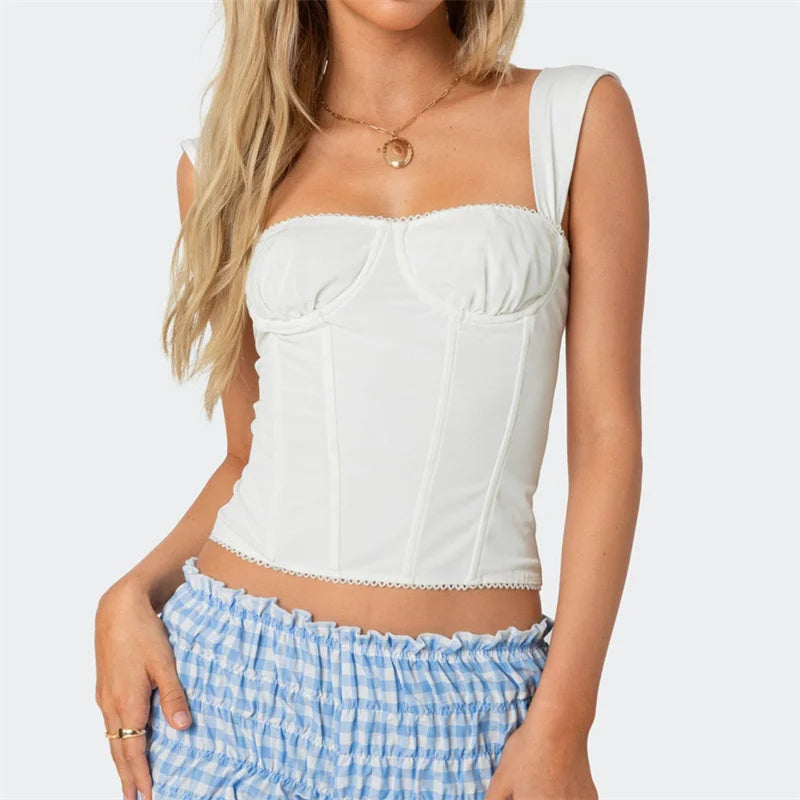 Women's Y2K Polka Dot Corset Top Wide Strap Square Neck Lace Trim Bustier Cami Crop Top Sexy Party Club Vest Shirts
