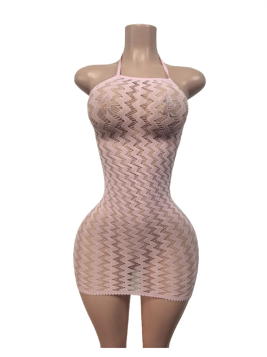 Sleeveless See Through Jacquard Dress Women Sexy Backless Halter Bandages Trend Fashion Midnight Club Street Bodycon