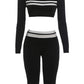 Contrast Patchwork 2 Piece Set Woman Autumn Trend Low-Neck Full Sleeve Crop Tops+Skinny Peach Hip Long Pant Sexy Suit