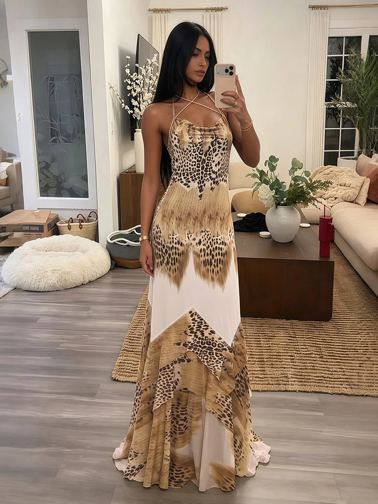Sexy Fashion Long Dress Woman Leopard Print Lace-Up Halter Backless Sleeveless Shape Waist Ruffles Hem Elegant Vestidos