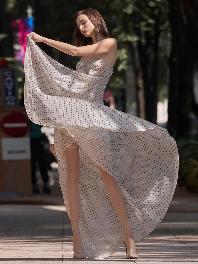 Polka Dot Print Dress Women Sexy See Through Ruffled Edge Patchwork Irregular Hem Fashion Elegant Party Club Bodycon