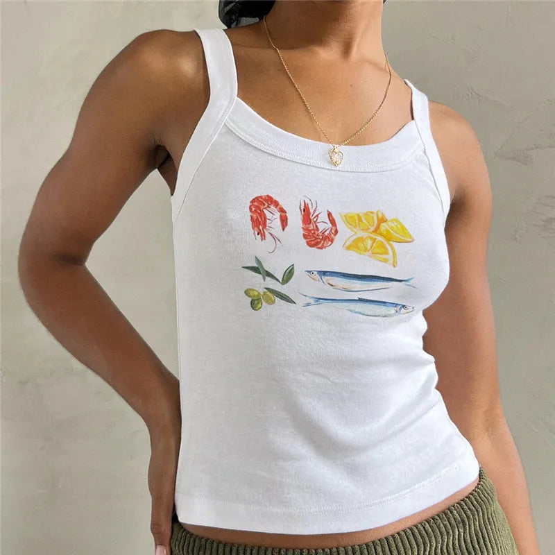 Women's Y2k Cute Print Tank Top Vintage Aesthetic Slim Fit Sleeveless Crop Top 90s E Girls Summer Going Out Mini Top