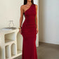 One Shoulder Backless Sexy Maxi Dress Women Elegant Sleeveless Ruched Waist Bodycon Evening Club Party Long Dress