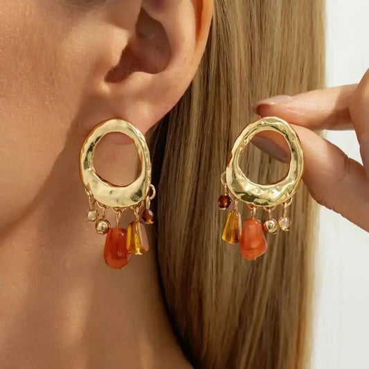 Vintage Acrylic Beads Tassel Stud Earrings Women Bohemian Gold Color Hollow Geometric Earrings 2026 New Jewelry Gifts