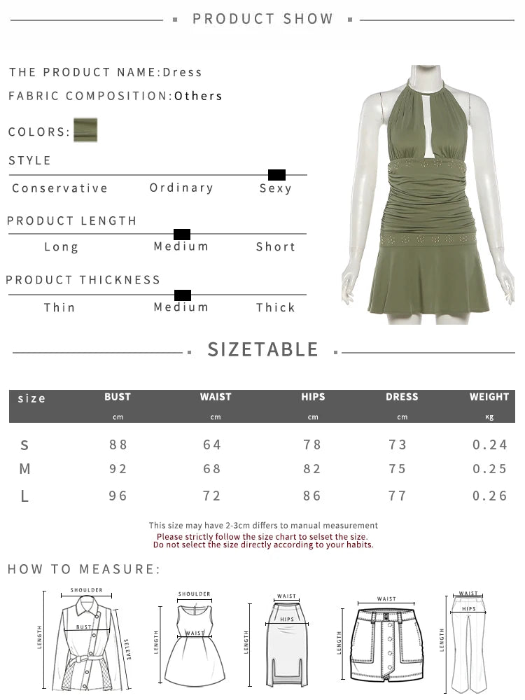 Sexy Backless Dress Women Hottie Halter Bandages Ruched Rivets Patchwork Sleeveless Trend Chic Party Street Bodycon