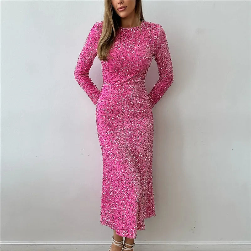 Fashion Sequined Party Slim Midi Dress For Women Autumn Winter Elegant Long Sleeve Sexy Bodycon Evening Dresses