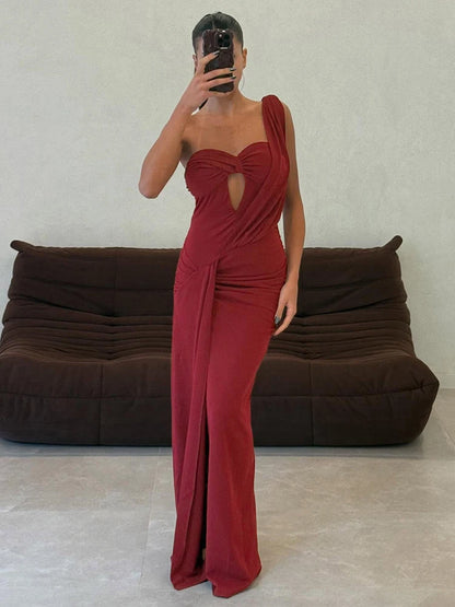 Sexy One Shoulder Dress Women Elegant Hollow Patchwork Ruched Split Stretch Skinny Midnight Clubwear Party Vestidos