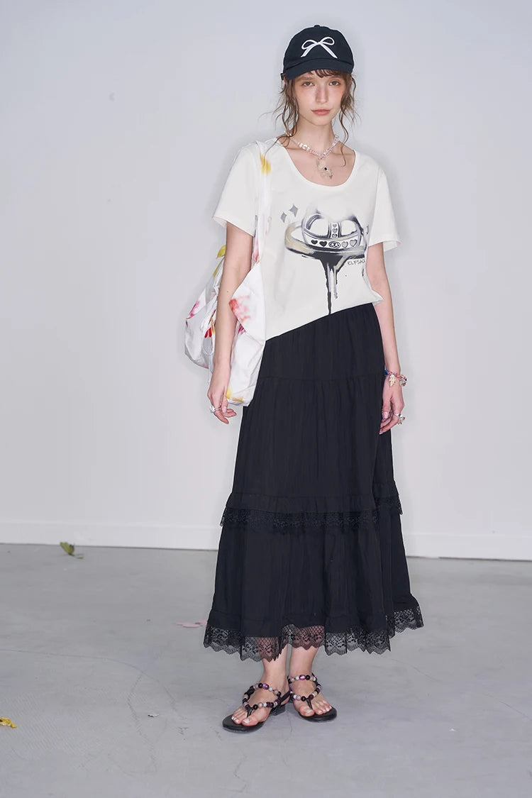 2025 Spring New Arrivals Y2K White Heart Printed Short Sleeve T-Shirt Women's Loose Casual Versatile Top