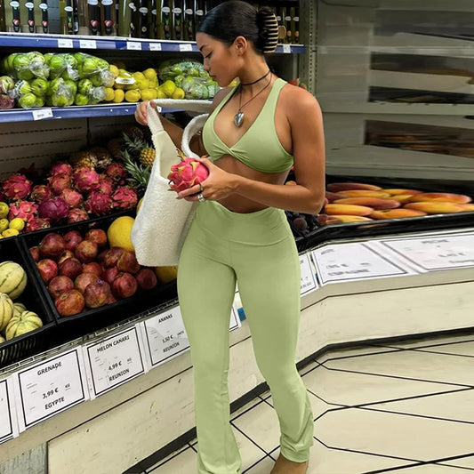 Yoga Sports Bra Tank Top Flare Pants Sets for Women Y2k Cute Summer Outfits 2024 Casual Two Piece Sets